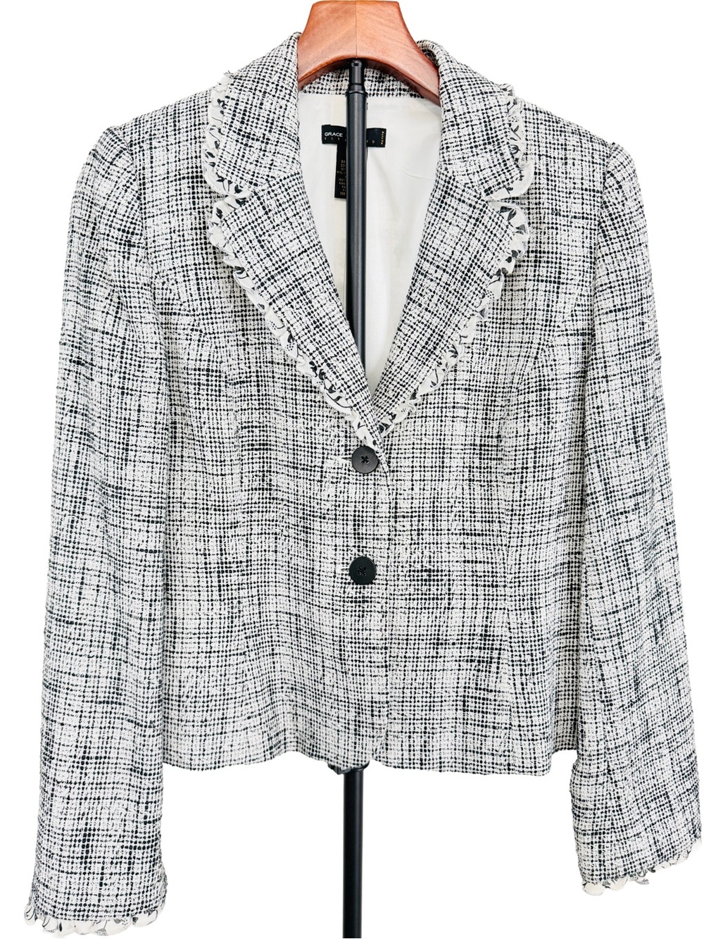Petite Tweed Ruffle Weaved Blazer houndstooth black white 8P contemporary office
